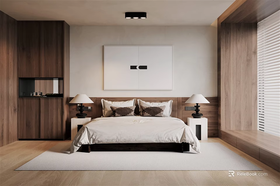 Modern Bedroom Interior With Wooden Bed Nightstands Table Lamps And Wall Art 3d model 