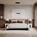 Modern Bedroom Interior With Wooden Bed Nightstands Table Lamps And Wall Art