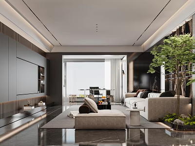 Modern Living Dining Room Interior Design With Sofa TV Wall And Green Plant 3d model