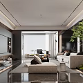 Modern Living Dining Room Interior Design With Sofa TV Wall And Green Plant
