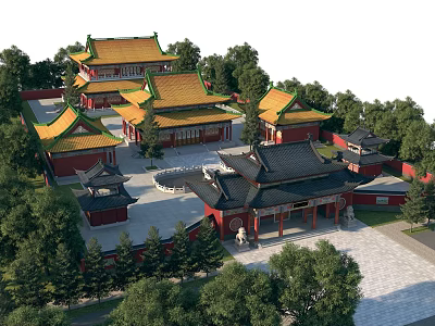 Ancient Architecture With Yellow And Black Roofs Traditional Courtyard And Surrounding Trees 3d model