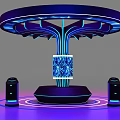 Modern Display Shelf with Circular Structure Blue Purple Lighting and Bottom Devices for Product Showcase