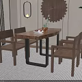 Wooden Dining Table Set with Armchairs Black Metal Legs and Decorative Plate