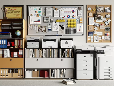 Organized Office Storage Cabinet With Bookshelf File Cabinet Printer Globe Books And Bulletin Board 3d model