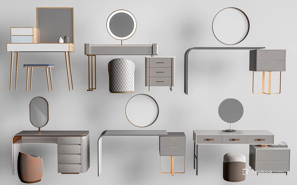 Modern Dressing Tables With Round Mirrors Drawers And Stools Design 3d model