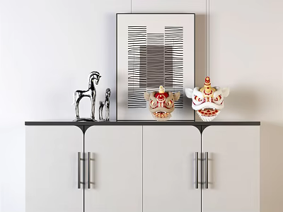 Modern Entryway Side Cabinet With White Body Black Countertop And Decorative Ornaments 3d model