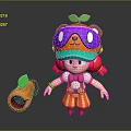 Cartoon Girl Character With Red Pigtails Purple Goggles Green Leaf Hat And Orange Tube
