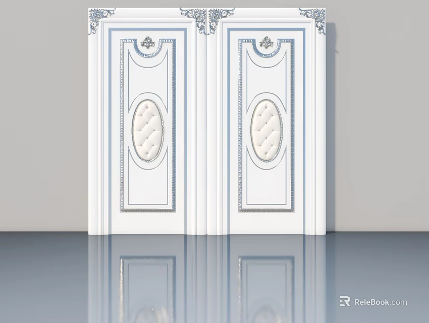 Elegant White Swing Doors With Blue Trim Carved Top And Oval Panels 3d model 