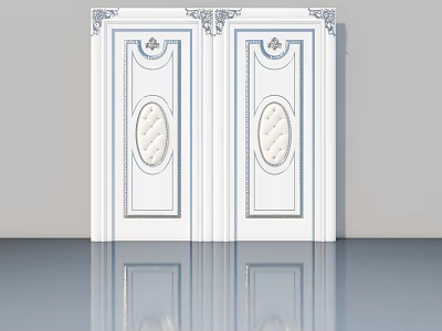 Elegant White Swing Doors With Blue Trim Carved Top And Oval Panels 3d model