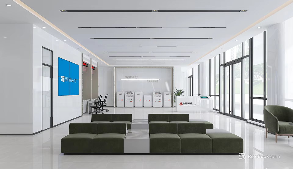 Spacious Modern Service Hall Interior With White Walls Blue Display Green Sofas And Glass Doors 3d model 