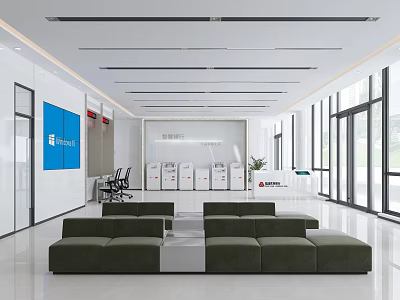 Spacious Modern Service Hall Interior With White Walls Blue Display Green Sofas And Glass Doors 3d model