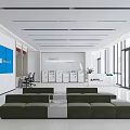 Spacious Modern Service Hall Interior With White Walls Blue Display Green Sofas And Glass Doors