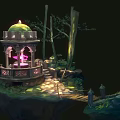 Cartoon Fantasy Forest Scene with Glowing Pink Dome Pavilion Stone Path and Trees