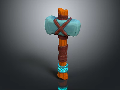 Handcrafted Hammer Sculpture With Blue Stone Head Cross Leather Straps Wooden Handle And Glowing Runes 3d model