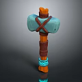 Handcrafted Hammer Sculpture With Blue Stone Head Cross Leather Straps Wooden Handle And Glowing Runes
