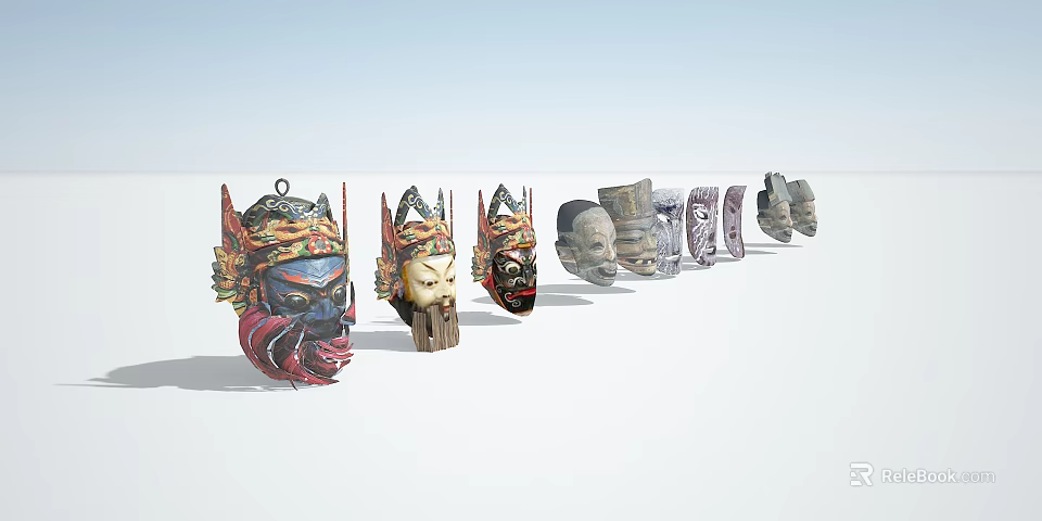 Traditional Handcrafted Colorful Wooden Masks As Unique Wall Decor For Home Decoration 3d model 