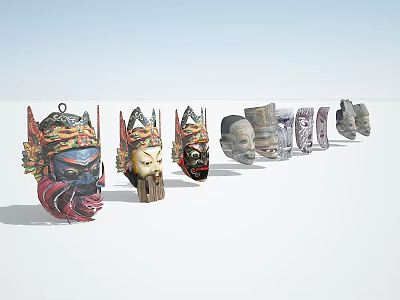 Traditional Handcrafted Colorful Wooden Masks As Unique Wall Decor For Home Decoration 3d model