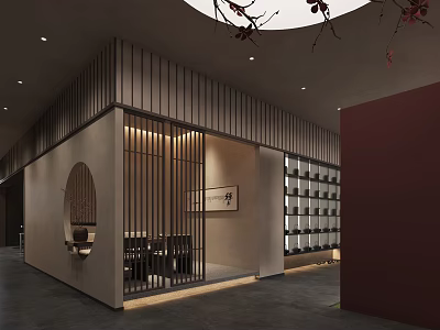 Chinese Style Interior Design With Wooden Grilles Circular Window Bookshelves And Tables Chairs 3d model