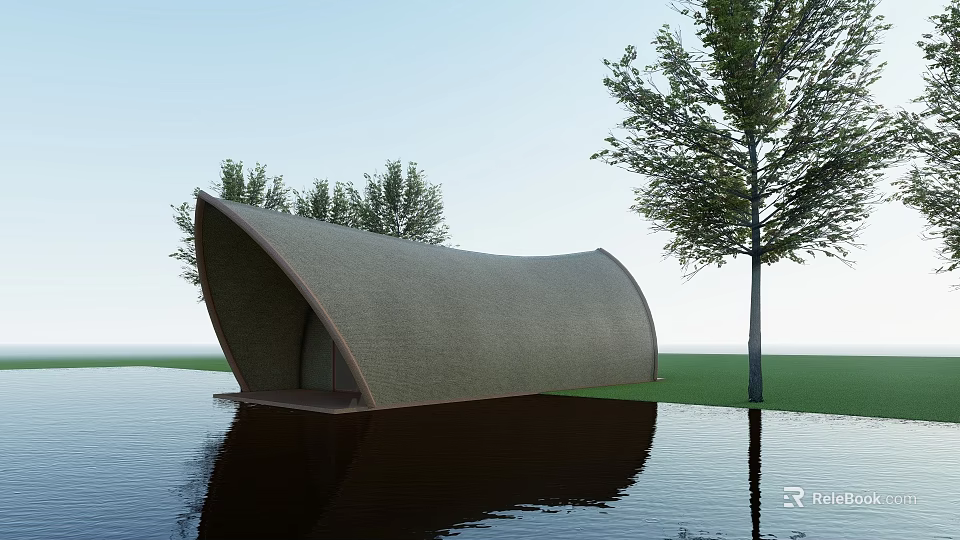 Scenic Modern Curved Architectural Structure With Textured Gray Surface And Water Reflection Near Trees 3d model 
