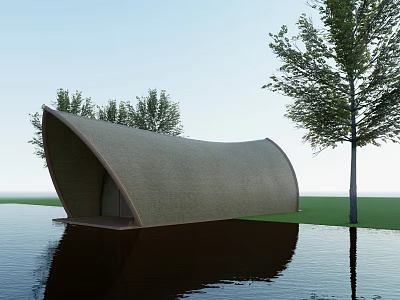 Scenic Modern Curved Architectural Structure With Textured Gray Surface And Water Reflection Near Trees 3d model