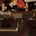 Traditional Chinese Style Hotpot Restaurant Interior with Red Lanterns Wooden Structure Cloud Flying Bird Decor