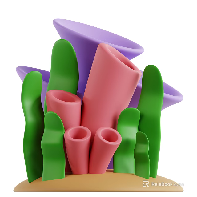 3D Rendered Colorful Tubular Plants Featuring Green Pink Purple Abstract Shapes 3d model 