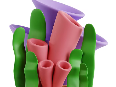 3D Rendered Colorful Tubular Plants Featuring Green Pink Purple Abstract Shapes 3d model