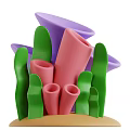 3D Rendered Colorful Tubular Plants Featuring Green Pink Purple Abstract Shapes
