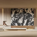 Modern Beige Background Wall With Black Marble Texture Minimalist Shelf Spherical Decor And Wooden Elements