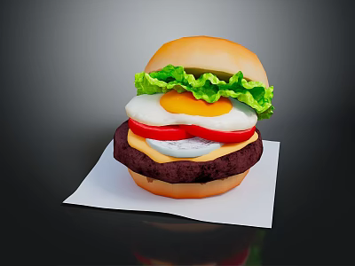 Delicious Hamburger With Fried Egg Lettuce Red Bell Pepper Cheese And Patty 3d model