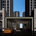 Entrance Gate Of Modern High Rise Residential Building With Glass Canopy And Yellow Car