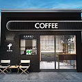 Modern Coffee Shop Exterior Design With Black Facade Glass Windows And Outdoor Seating