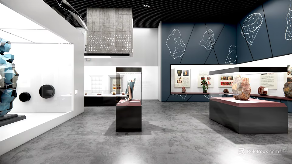 Modern Cultural Center Exhibition Space With Display Stands And Wall Decorative Patterns 3d model 