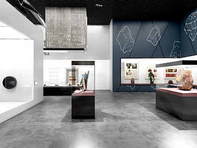 Modern Cultural Center Exhibition Space With Display Stands And Wall Decorative Patterns 3d model