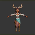 Fantasy Game Character Design Anthropomorphic Deer With Antlers Orange Hair And Blue Skirt