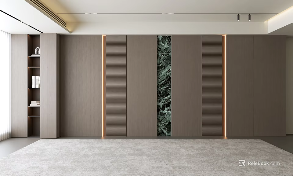 Modern Living Room With Green Marble Accent Wall Vertical Slat Panels And Recessed Lighting 3d model 
