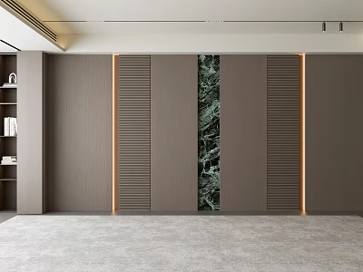 Modern Living Room With Green Marble Accent Wall Vertical Slat Panels And Recessed Lighting 3d model