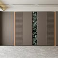 Modern Living Room With Green Marble Accent Wall Vertical Slat Panels And Recessed Lighting