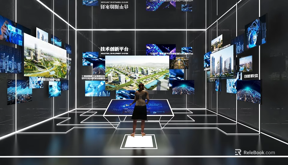 Technology Smart Platform Exhibition Hall Featuring Interactive Digital Screens And Urban Views 3d model