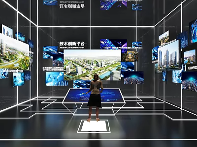 Technology Smart Platform Exhibition Hall Featuring Interactive Digital Screens And Urban Views 3d model