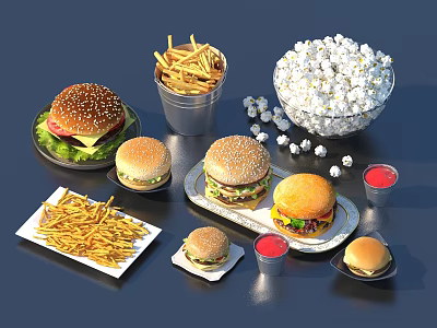 Assorted Fast Food Selection With Hamburgers French Fries Popcorn And Sauce Cups 3d model