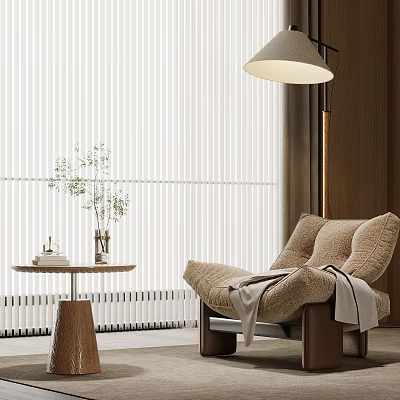 Cozy Modern Lounge Chair With Pendant Lamp Side Table Plant Vase And Window Blinds 3d model