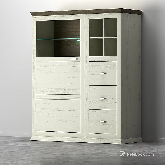 White Wooden Entryway Side Cabinet With Glass Doors Drawers Storage Design 3d model 
