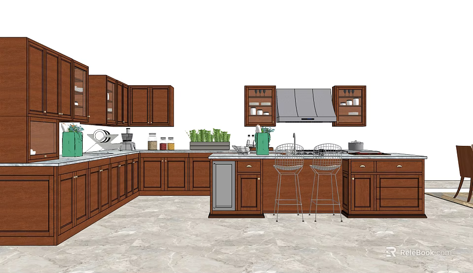 Dark Brown Kitchen Cabinets With Island Counter Stools And Green Plants 3d model 