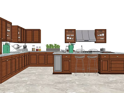 Dark Brown Kitchen Cabinets With Island Counter Stools And Green Plants 3d model