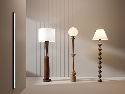 Modern Minimalist Wooden Floor Lamps With Three Different Base Designs And White Shades For Interior 3d model