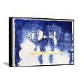 Abstract Painting with Dark Brushstrokes Golden Strip White Background and Black Frame