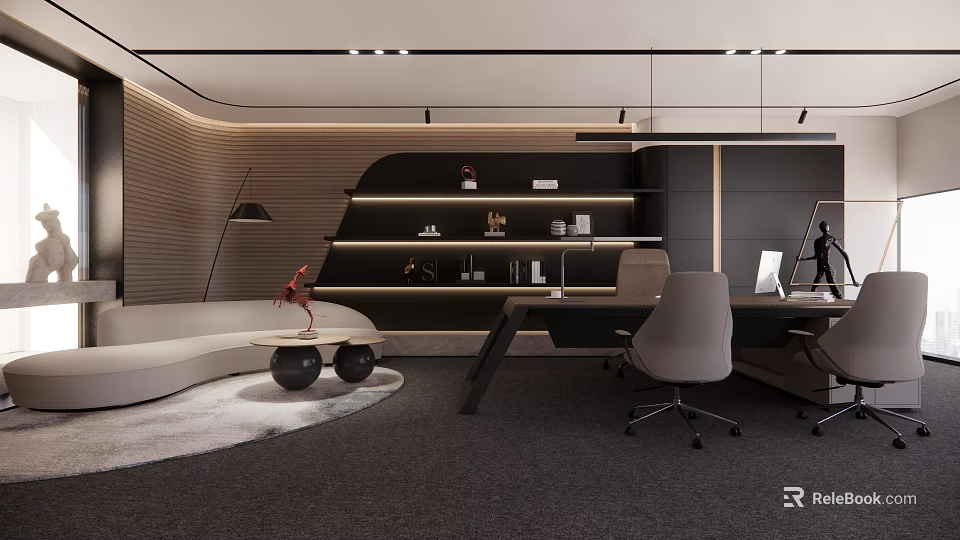 Modern Office Interior Design With Desk Chair Bookshelf Sofa And Lighting 3d model 