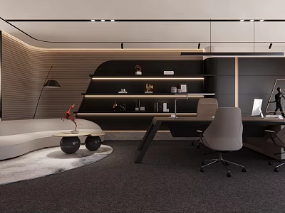 Modern Office Interior Design With Desk Chair Bookshelf Sofa And Lighting 3d model