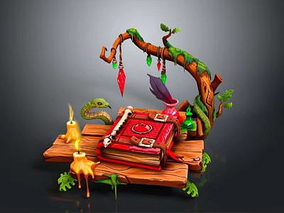 Wooden Platform With Red Cover Book Burning Candles Melted Wax And Decorative Vines 3d model